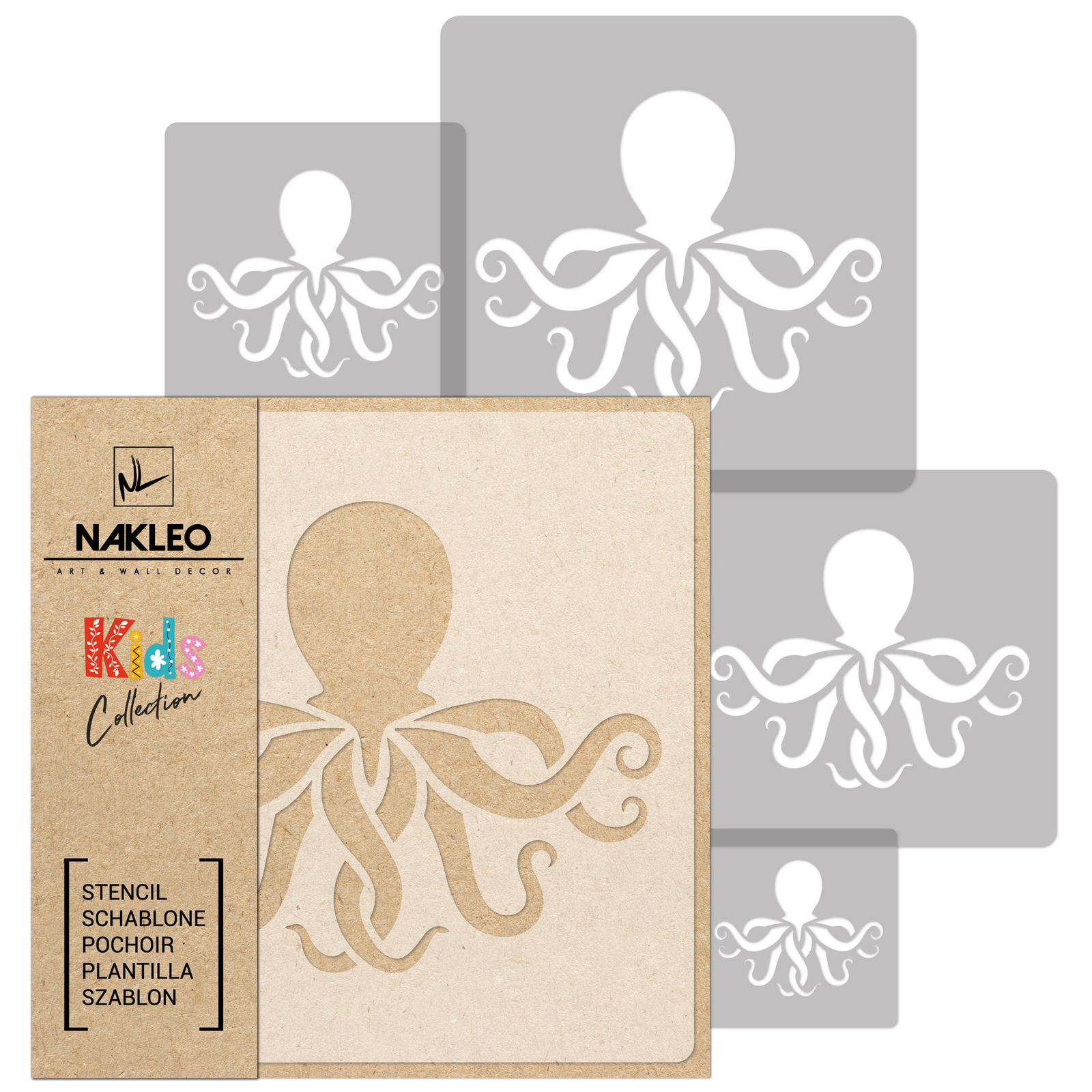5x reusable PLASTIC Stencils // 34x34cm to 9x9cm // Nursery Template // OCTOPUS