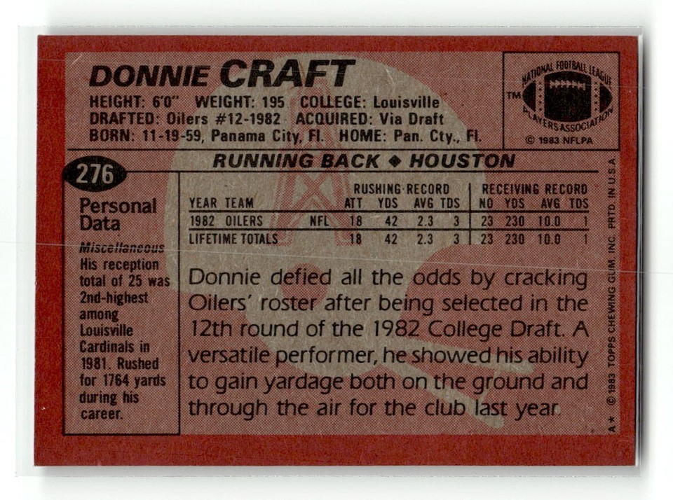 1983 Topps Donnie Craft #276 Houston Oilers Rookie NFL Football | eBay