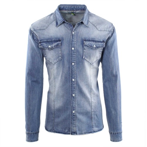 Camicia di Jeans Uomo Slim Fit Blu Casual Classica Denim | eBay