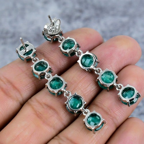 Emerald Lab Created Gemstone Handmade Dangle 925 Sterling Silver Jewelry Earring - Picture 4 of 4