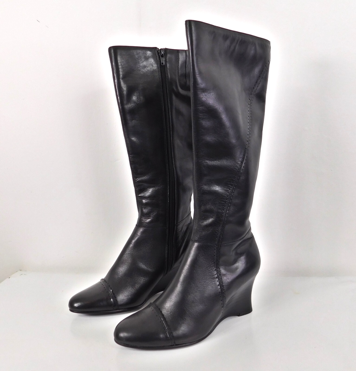 Next Black Leather Wedge Knee High Boots Zip Pointed Toe Smart