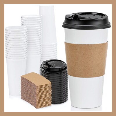 Paper White Cups + Lids + Sleeves Disposable Beverage Coffee Hot Cold Cafe
