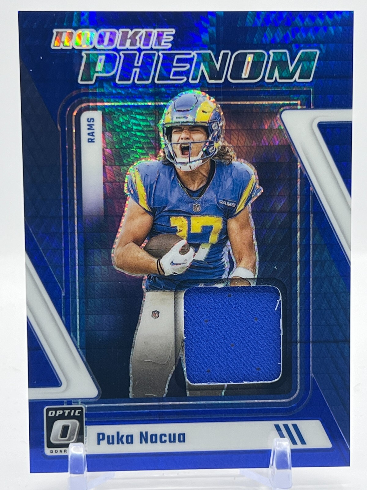 2023 Panini Donruss Optic Puka Nacua Hyper Blue Prizm Relic Rams Rookie Phenom