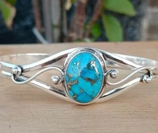 Copper Turquoise Gemstone 925 Sterling Silver Handmade Bracelet Cuff