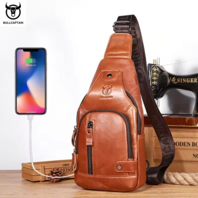 Bullcaptain Men's Leather Large Capacity Chest Bag Shoulder USB Port Chest Bag