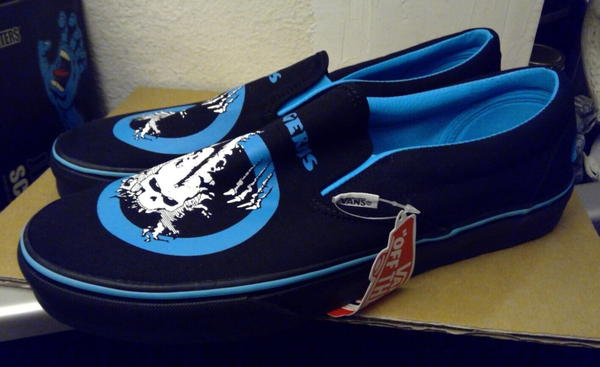 RARE! VANS GERMS Blue Circle Skull Classic Slip On Shoes Sz 