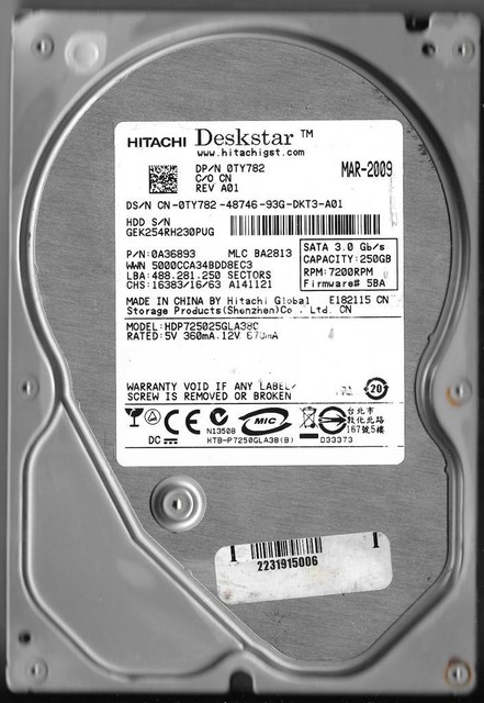 HITACHI HDP725025GLA380 250GB SATA HARD DRIVE P/N: 0A36893 MLC: BA2813 ...