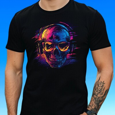 Mens Skull Sunglasses Print Cotton T-Shirt Size XS to 5XL