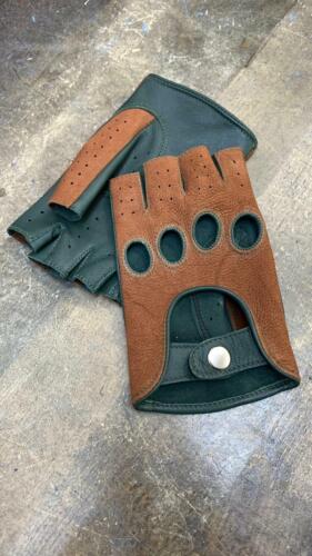 Fingerless Green & Brown Leather Driving Handmade Gloves for Ladies - Afbeelding 1 van 4