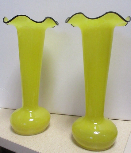Czechoslovakian Art Glass Vases - Matching Yellow and Black / Blue Tango Vases
