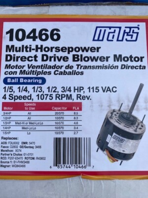 Mars 10466 1/5 to 3/4 Multi-HP 115V Direct-Drive Furnace Blower