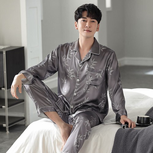 Mens Silk Pajama Set Long Sleeve Top Trousers Satin Sleepwear Autumn Nightwear - Picture 4 of 41