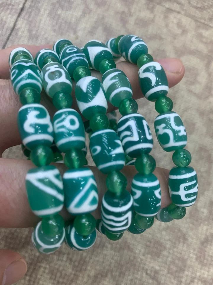 5 piezas pulseras de oración con cuentas de ágata verde tibetana Dzi *多宝* Foto 4 de 4