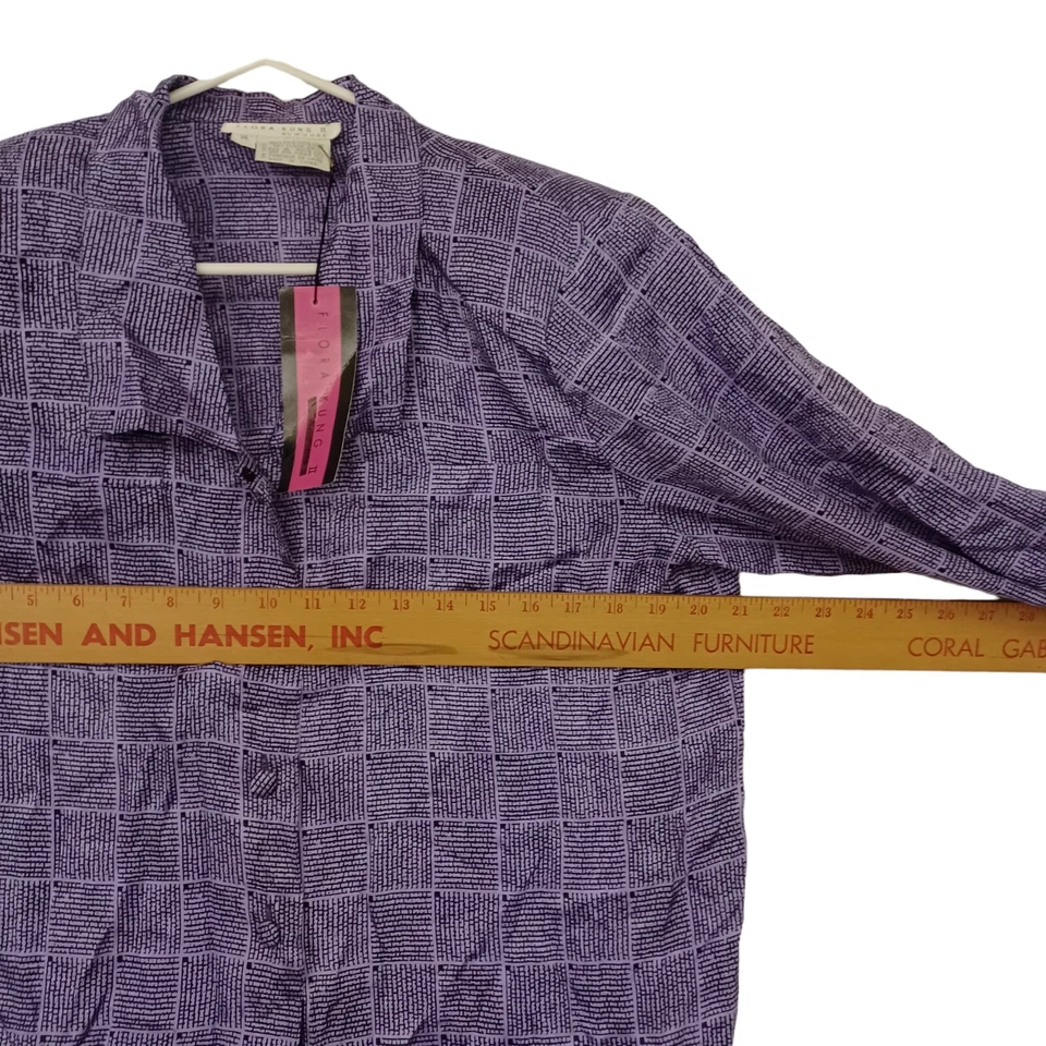 Blusa vintage Flora Kung seda púrpura abotonada talla 14 camisa años 80 90 Foto 4 de 4