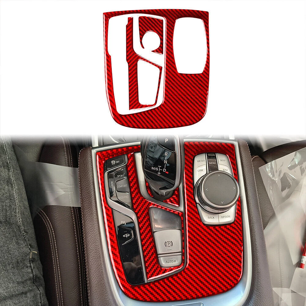 Central Console Gear Shift Panel Trim 3X For BMW 7 Series Vinyl Red Carbon Fiber