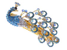 Pretty Peacock Hair Clip Enamel Gold Tone Metal with Blue and Clear Rhinestones