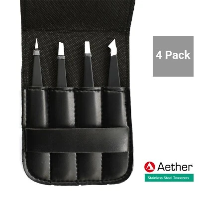 AETHER 4-Pack Precision Tweezers Set I Slanted Flat Pointed Tips + Case - Hair Eyebrow
