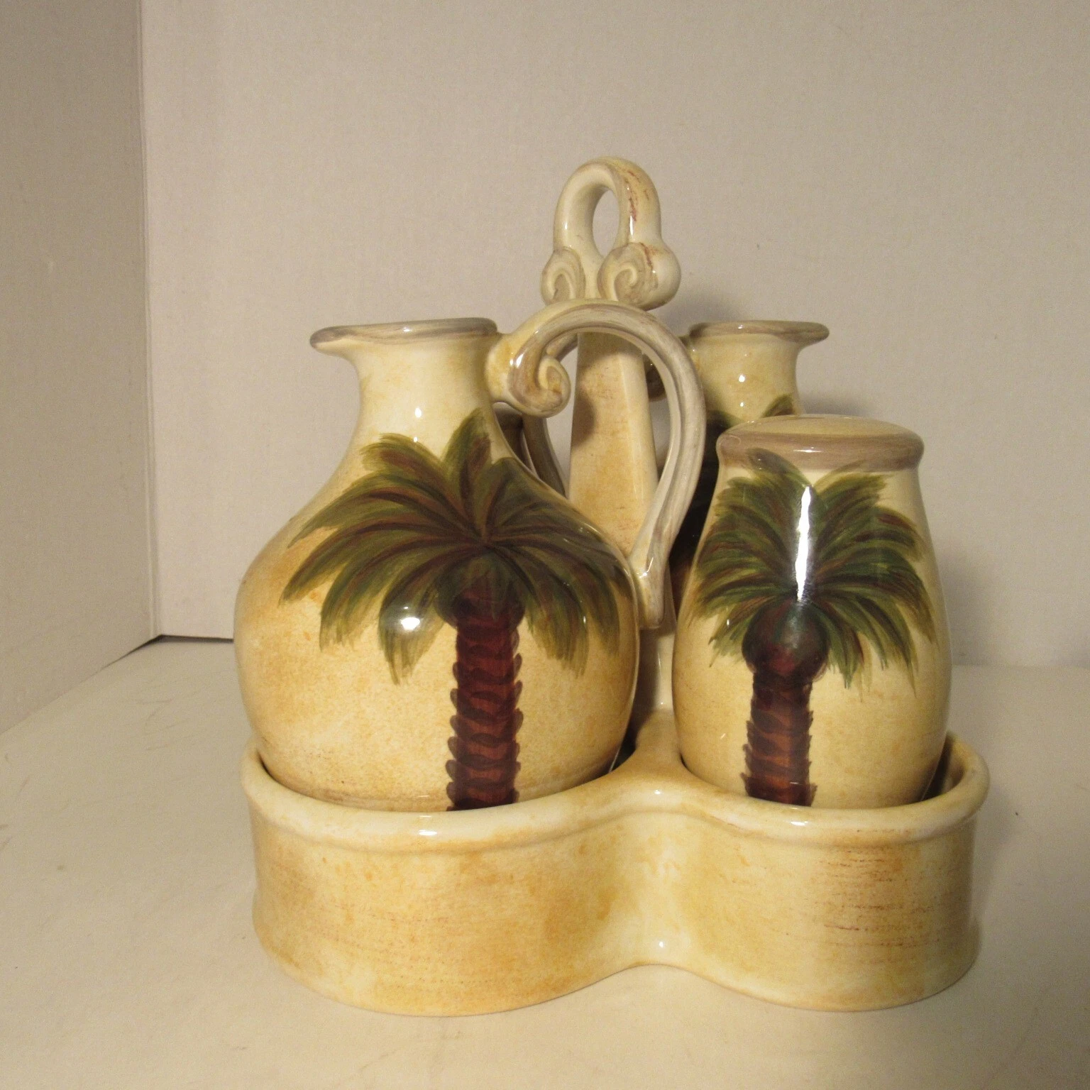 Tabletops Unlimited Bellagio Ceramic Cruet 5 Piece Set, Hand Painted Palm Trees