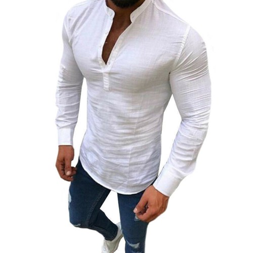 Men V-Neck Button T-Shirt Casual Muscle Long Sleeve Shirt Solid Slim Fit Tops - Picture 4 of 12