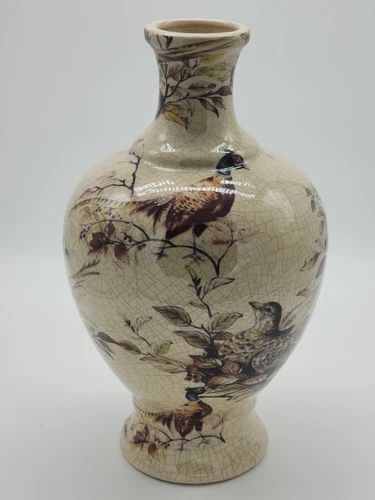 K&K Interiors 12" White Crackled Ceramic Vase W/Pedestal Base & Pheasant 
