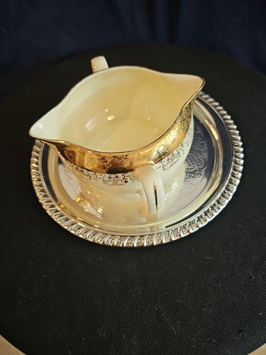 RARE Sabin Dbl handled W/2 Spouts CREST-O-GOLD 22k Gold Gravy Boat 6 X 6 inch! - Picture 3 of 9