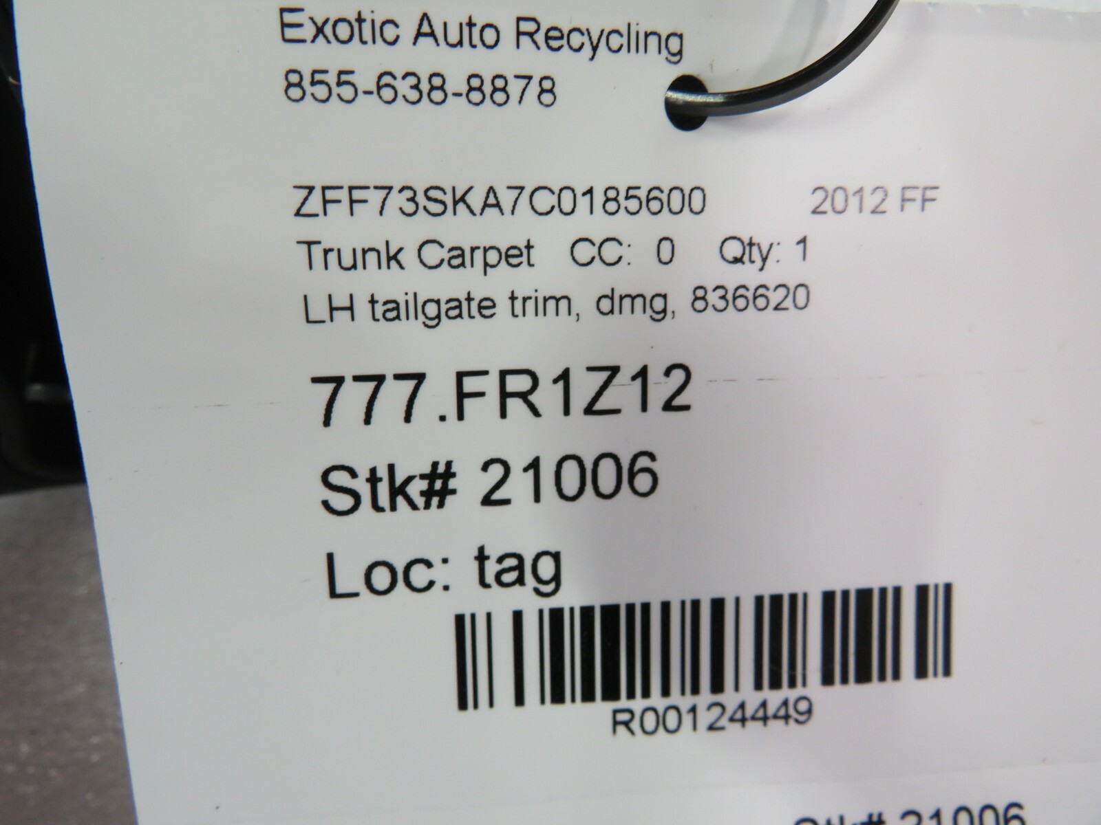 Ferrari FF, LH, Left, Tailgate Trim, Used, Damaged, P/N 836620