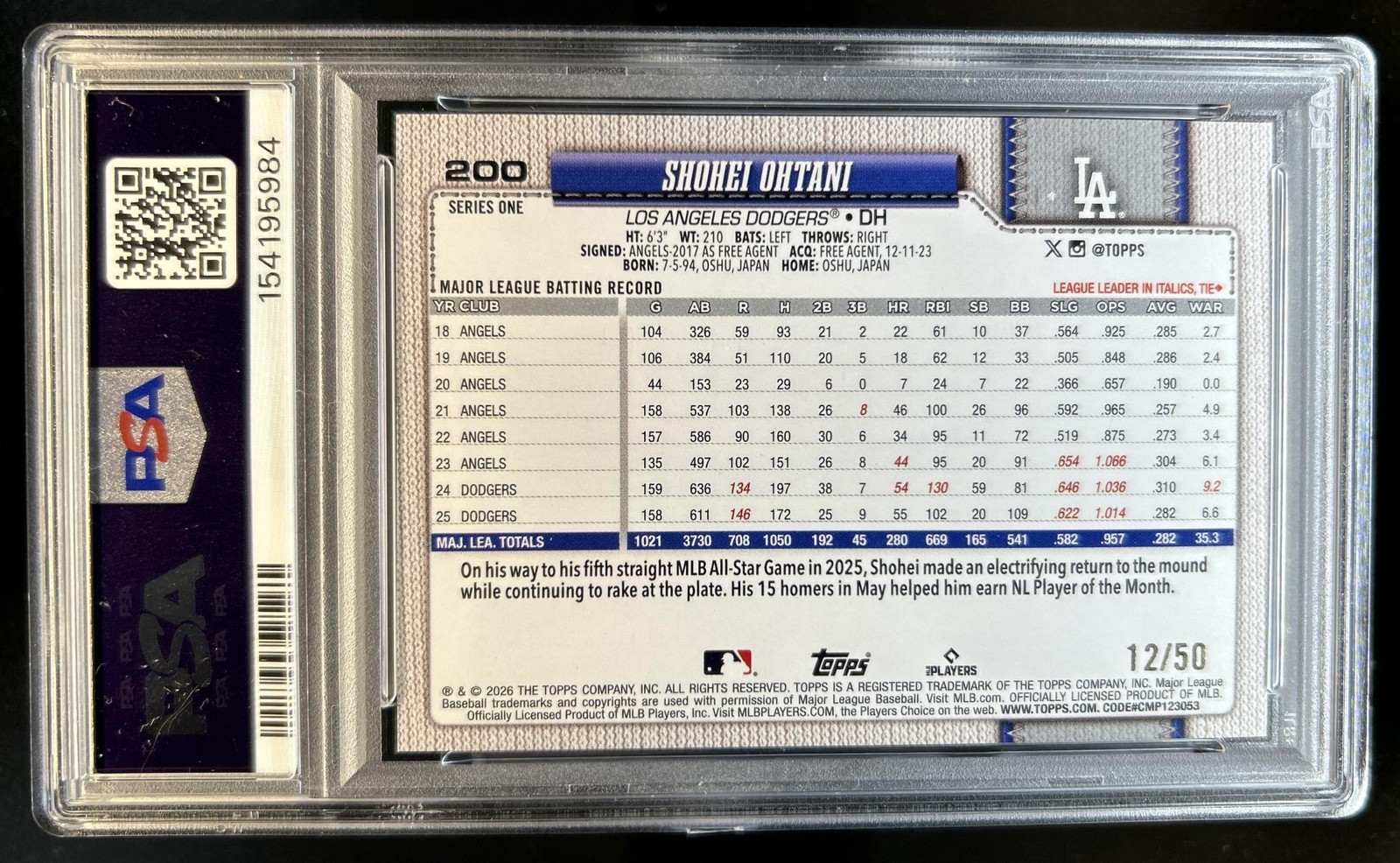 2026 Topps Shohei Ohtani Gold Sandglitter #/50 Dodgers PSA 9 view 2