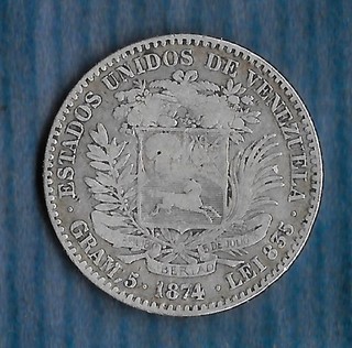 VENEZUELA 20 CENTAVOS 1874 ARGENT