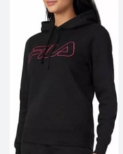 Fila Women's Midweight Fleece Hoodie Pullover, Black, Pink Retro Vintage Size L