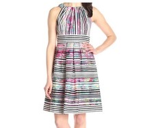 Womans Nine West Stripe Sleeveless High Neck Pleated Fit Flare Dress Size 6