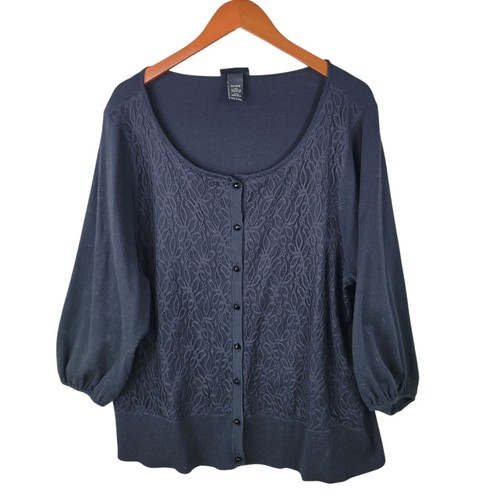 Lane Bryant Plus 22/24W 3X Cardigan Sweater Black Cotton Button Up Layered Lace - Picture 2 of 7