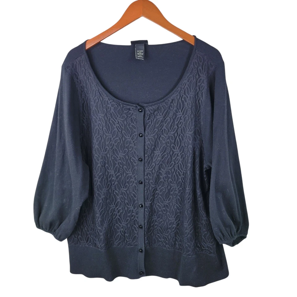 Cárdigan Suéter Lane Bryant Plus 22/24W 3X Negro Algodón Abotonado En Capas Encaje Foto 2 de 4