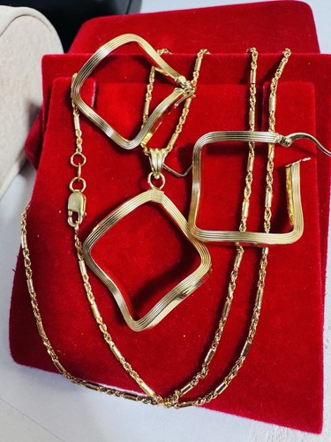 18K 750 Genuine yellow Gold Rectangle Earring Necklace 17.6”/18” Inch 7.4g 1.5mm - Picture 7 of 24