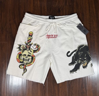ED HARDY Panther Skull Dagger Fleece Sweat Shorts White Ivory Men Sz M *NEW* $65
