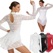 Women Floral Lace Figure Skating Mock Neck Roller Skating Ballet Dance Dress