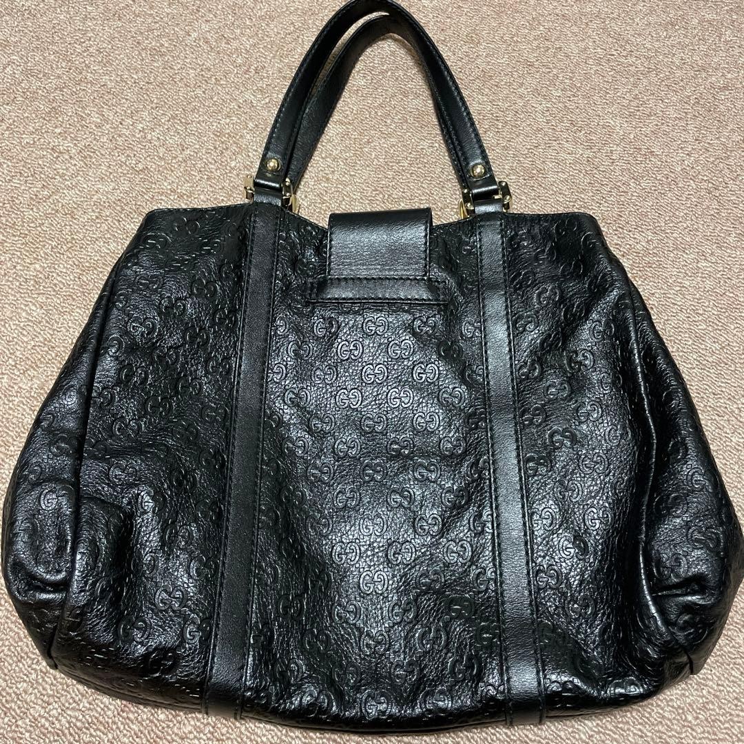GUCCI Monogram Canvas Tote Bag Black Gold Leather Shoulder Authentic Excellent image 4