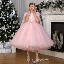 Pink Flower Dress Round Neck Feathers Sequined Cape Tea Length Puff Princess