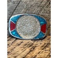 Vtg Southwestern Mosaic Belt Buckle Red Turquoise Inlay Western Rodeo Accessory