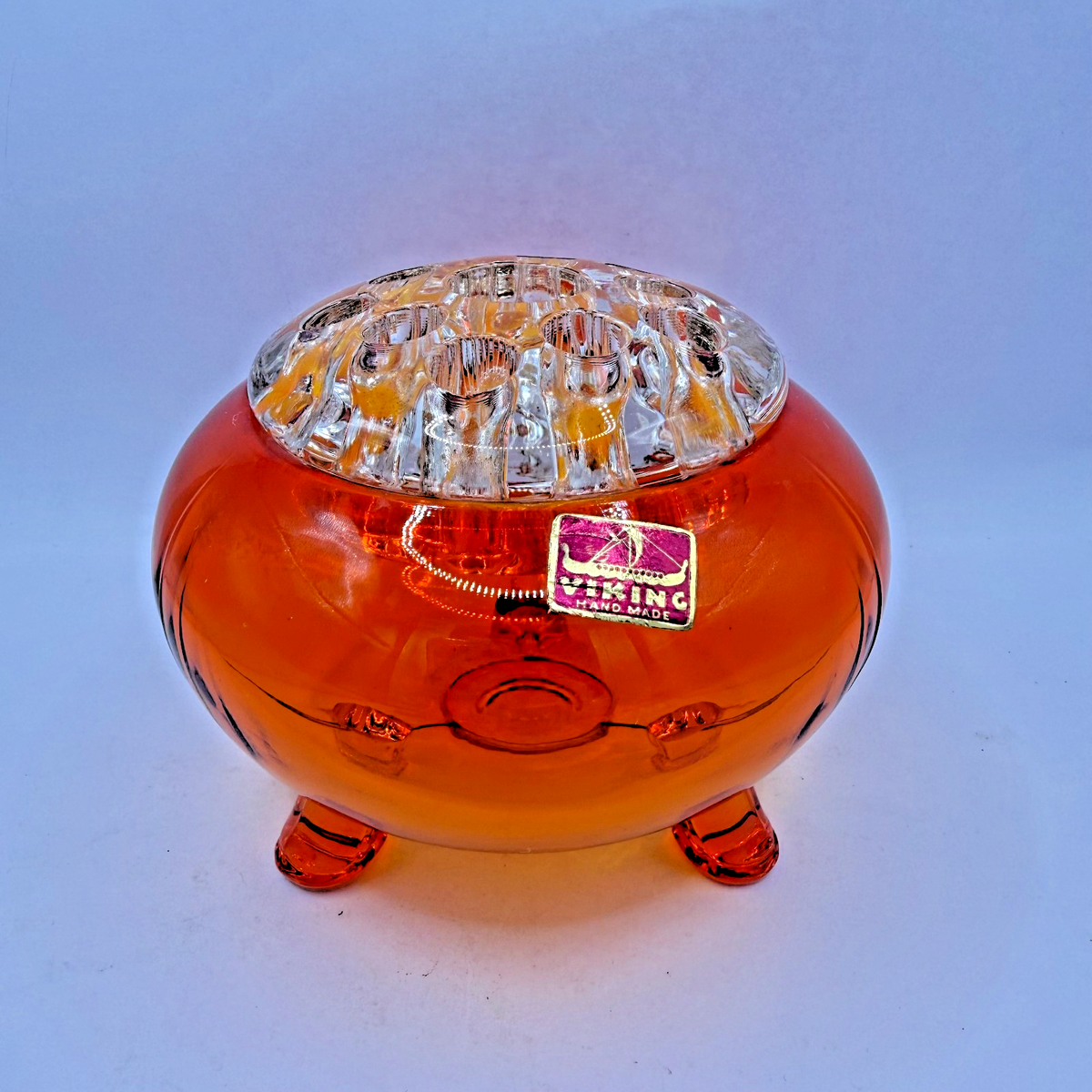 Vintage MCM Viking Glass Orange Flowerlite Flower Frog Candle