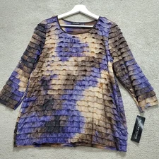 Notations Blouse Top Women Large Purple Tie Dye Stretch Ruffle Tiered 3/4 Sleeve