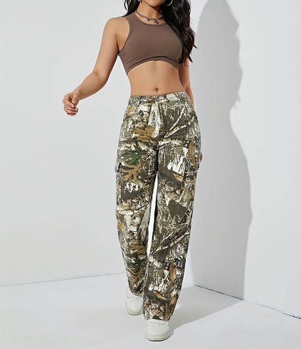 Women's Camo Cargo Pants High Waist Baggy Wide Leg Camouflage Army Fatigue Sl... - Picture 6 of 7
