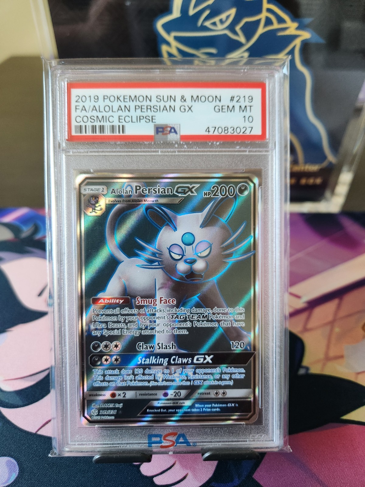 Pokemon Alolan Persian GX Full Art Card 219/236 Cosmic Eclipse Sun & Moon PSA 10
