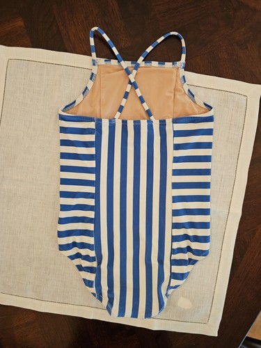 J Crew Girls' paneled one-piece swimsuit In Neon Azur Blue/White Stripe Sz 10 - Picture 4 of 9