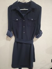 Talbots Shirt Dress Womens 8 Navy Blue Belted Button Front Utility Roll Sleeve
