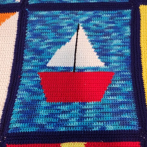Hand Made Crochet Afghan - Nautical Theme, Sailboat, Flags (52" x 78") - Picture 3 of 5
