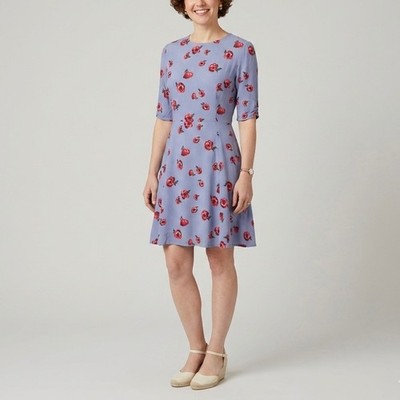 Massimo Dutti Blue Red Rose Floral 100% Mulberry Silk Fit and Flare Dress Medium