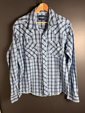 Wrangler Western Shirt Mens Size L Pearl Button Snaps Blue Plaid Cowboy