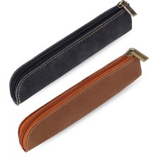 Leather Pencil Pouch 2 Pcs Slim Case Portable Small Flat Soft Bags with Zipper