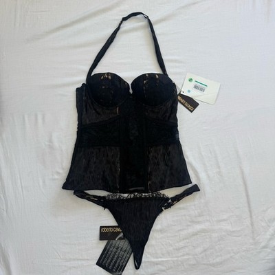 Y2K Roberto Cavalli NWT Guepiere Corset & Thong Set IT44 US M Black Lace