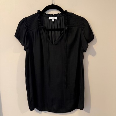 Maison d'Amelie Paris Black Ruffle Neck Smocked Blouse Short Sleeve Small